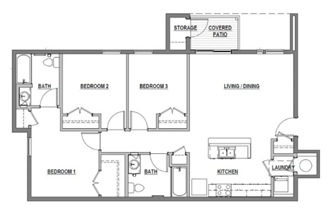 A floor plan of a house with three bedrooms, a living/dining area, a kitchen, a laundry room, and a storage area.
